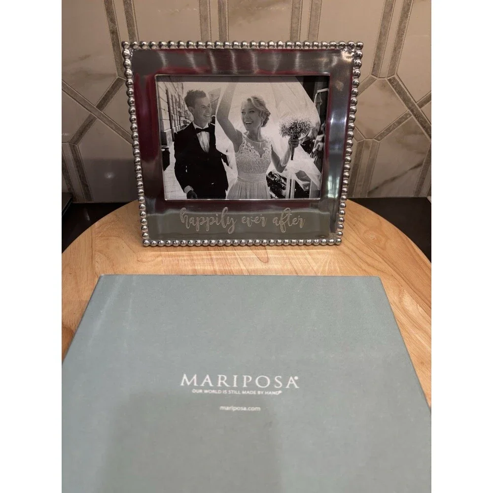 Mariposa Silver Beaded 5x7 Picture Frame Engraved 'Happily Ever After ' Design